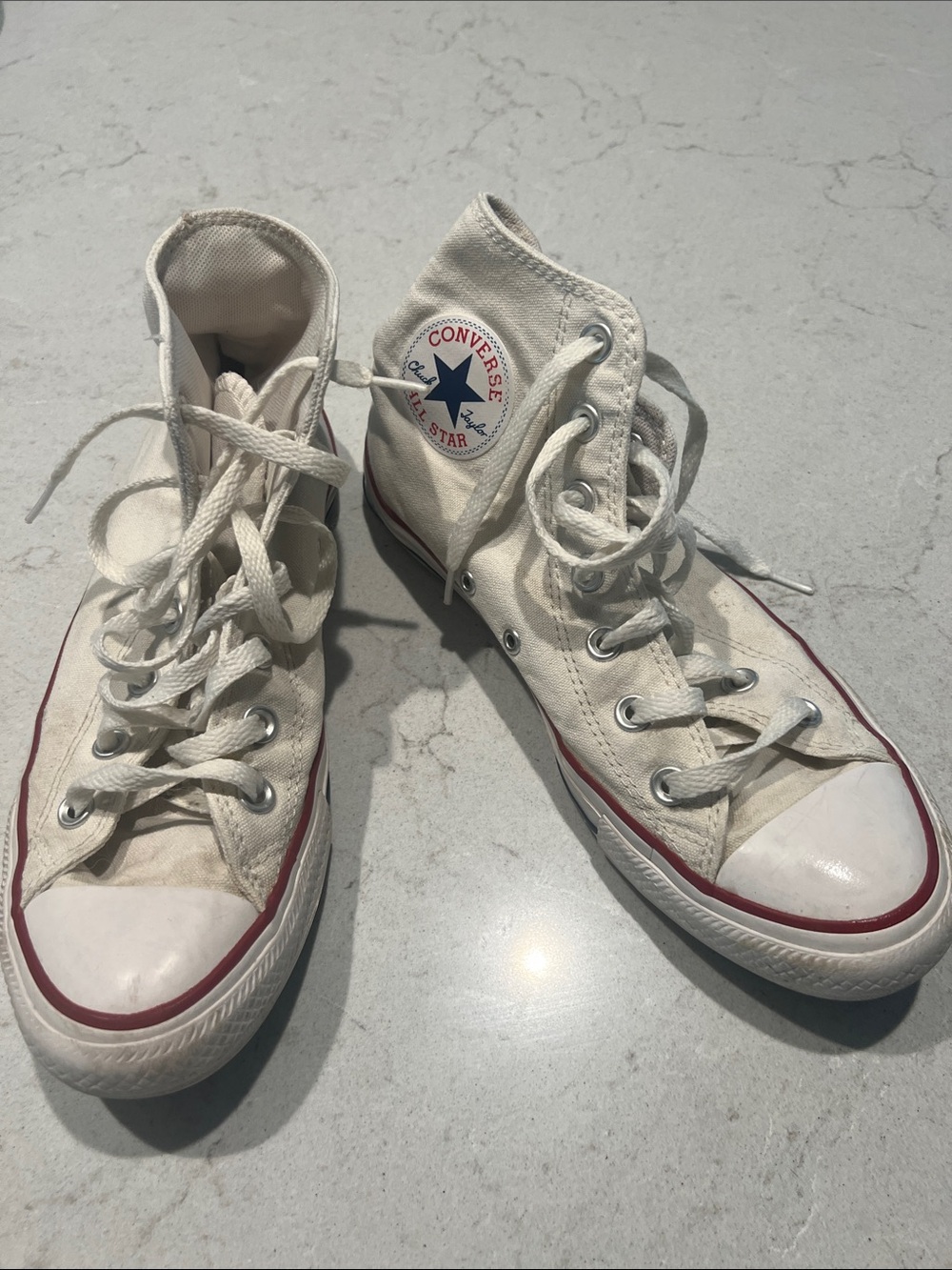 Converse Kids White High-Top Sneakers with Red Trim and Blue Star Patch